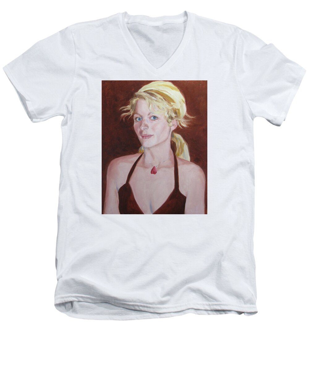 Portrait Men's V-Neck T-Shirt featuring the painting Her Accessible Heart by Connie Schaertl