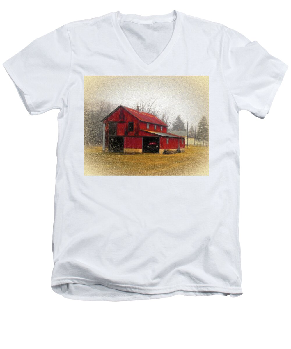 Red Barn Men's V-Neck T-Shirt featuring the digital art Hide Away by Leslie Montgomery