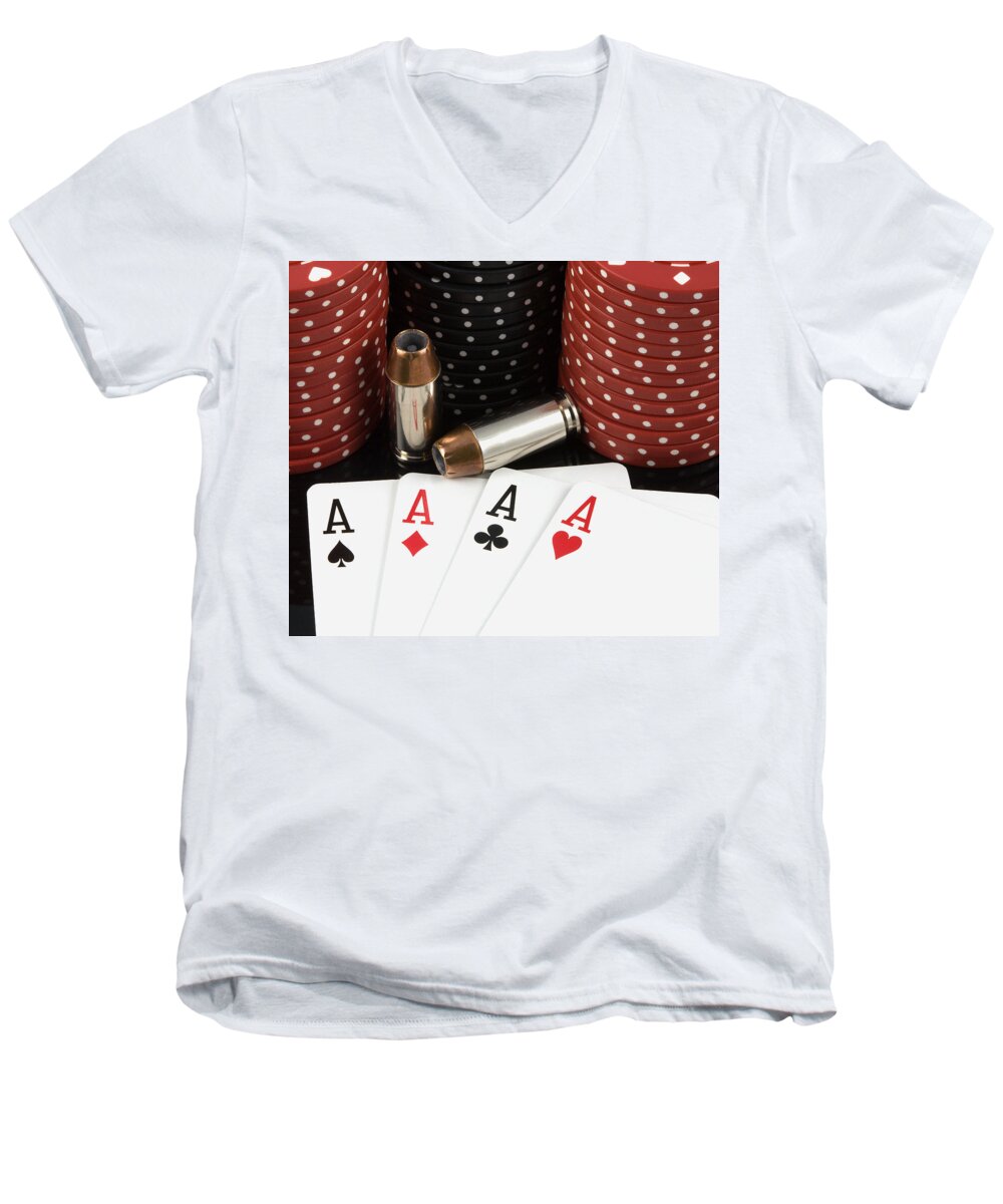 Aces Men's V-Neck T-Shirt featuring the photograph High Stakes Poker by Al Mueller
