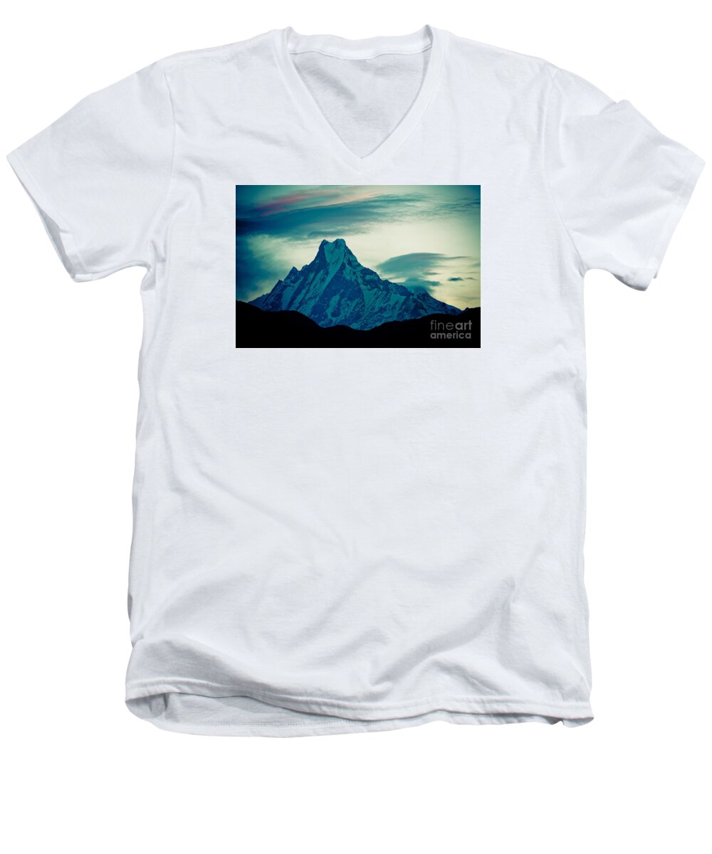 Annapurna Men's V-Neck T-Shirt featuring the photograph Holy Mount Fish Tail Machhapuchare 6998m by Raimond Klavins