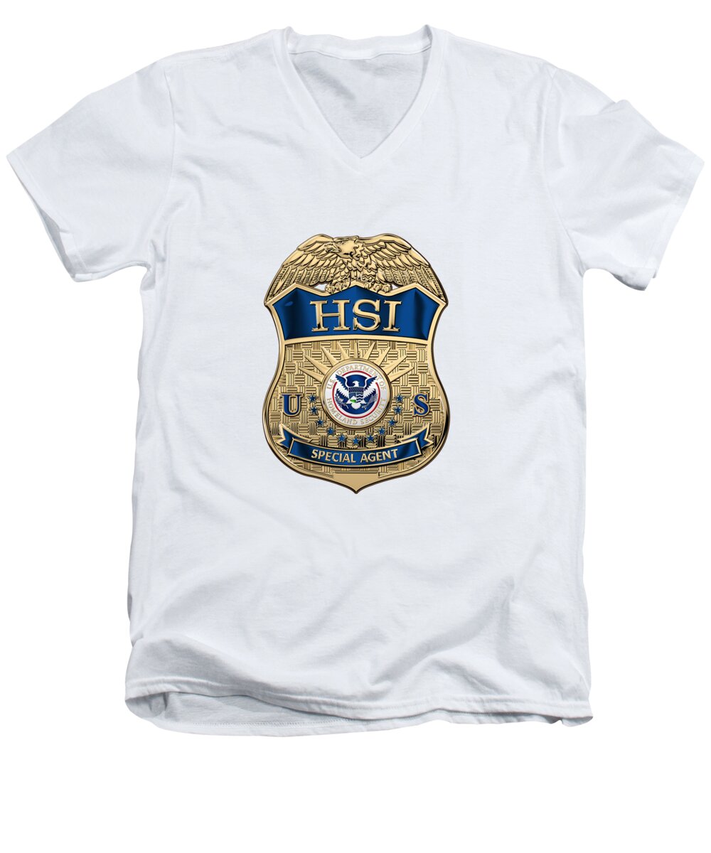  ‘law Enforcement Insignia & Heraldry’ Collection By Serge Averbukh Men's V-Neck T-Shirt featuring the digital art Homeland Security Investigations - H.S.I. Special Agent Badge over White Leather by Serge Averbukh