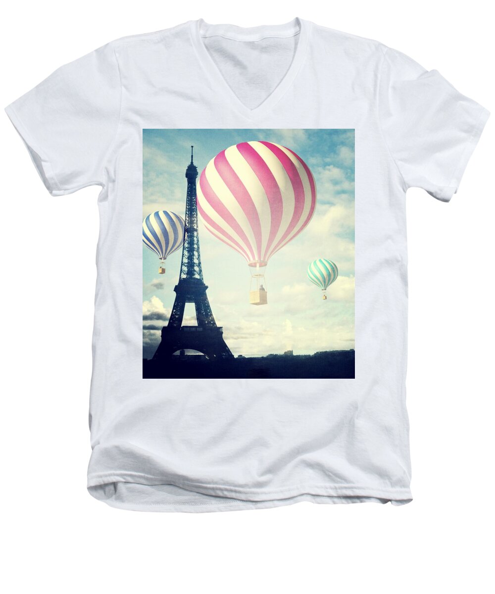 Hot Air Balloon Men's V-Neck T-Shirt featuring the photograph Hot Air Balloons in Paris #1 by Marianna Mills