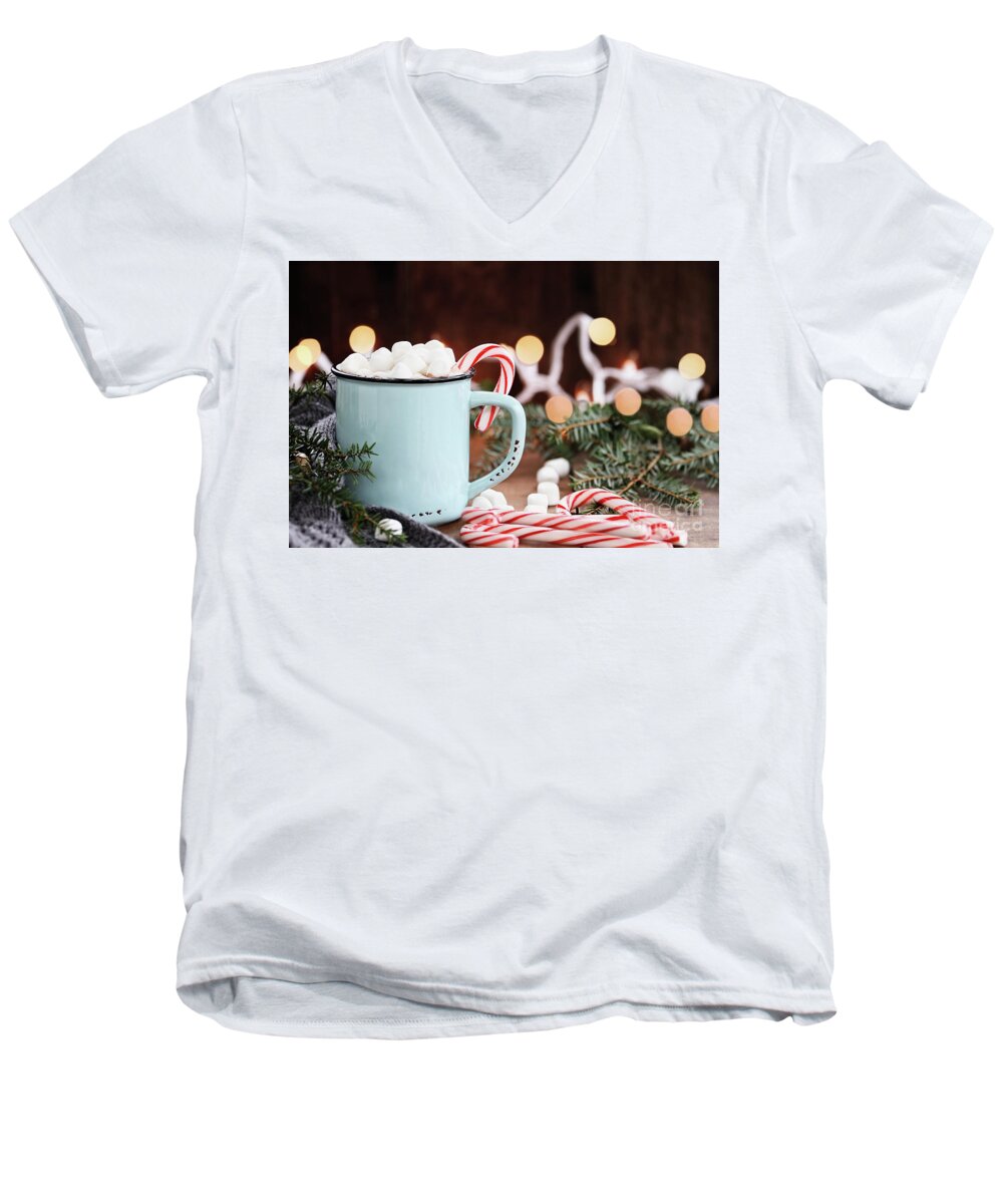 Hot Chocolate Men's V-Neck T-Shirt featuring the photograph Hot Cocoa with Marshmallows and Candy Canes by Stephanie Frey