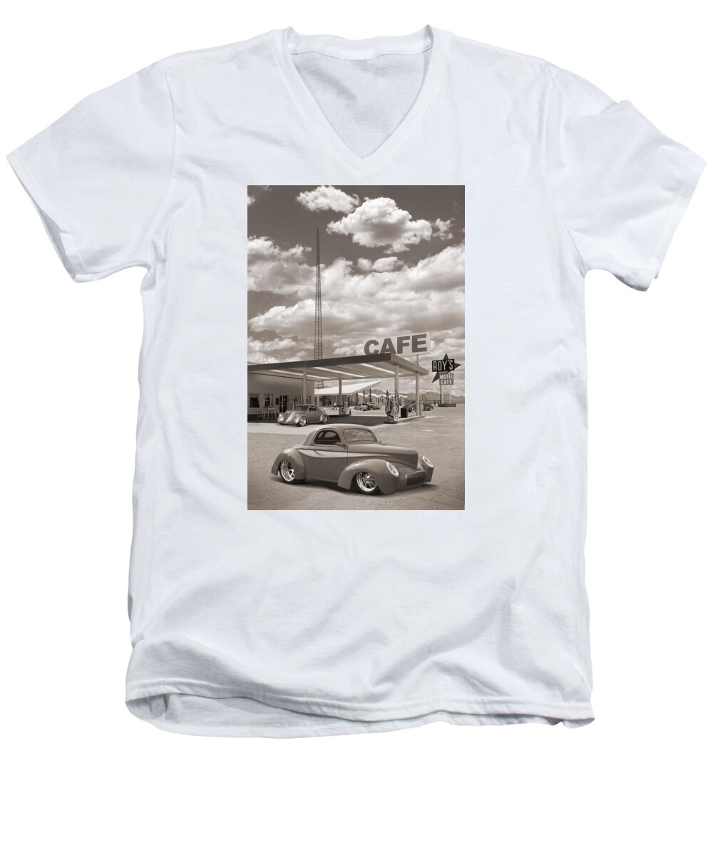 Street Rods Men's V-Neck T-Shirt featuring the photograph Hot Rods at Roy's Gas Station Sepia by Mike McGlothlen
