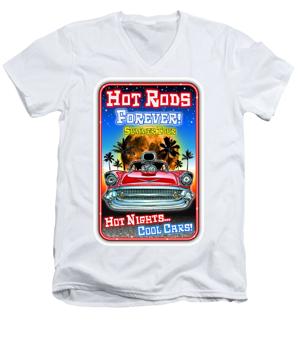 1957 Chevy Bel Air Men's V-Neck T-Shirt featuring the digital art Hot Rods Forever Summer Tour by K Scott Teeters