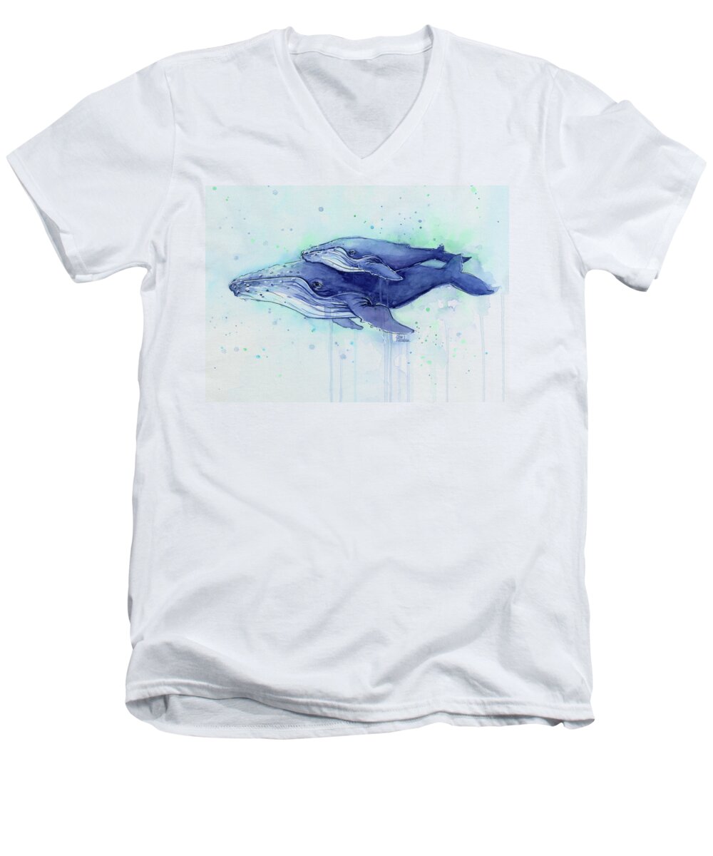 Whale Men's V-Neck T-Shirt featuring the painting Humpback Whales Painting Watercolor - Grayish Version by Olga Shvartsur
