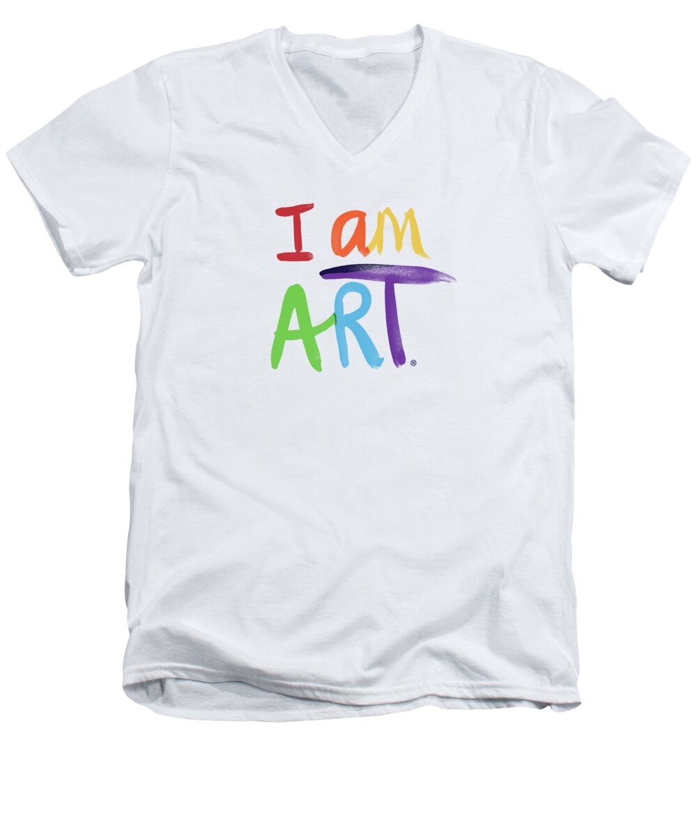 Rainbow Men's V-Neck T-Shirt featuring the painting I AM ART Rainbow Script- Art by Linda Woods by Linda Woods