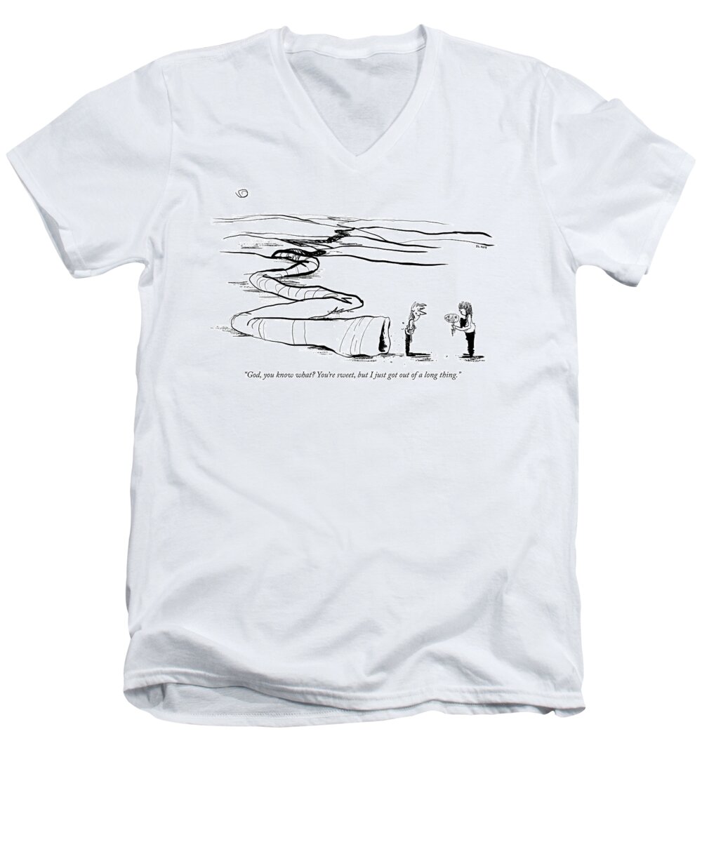god Men's V-Neck T-Shirt featuring the drawing I just got out of a long thing by Sara Lautman