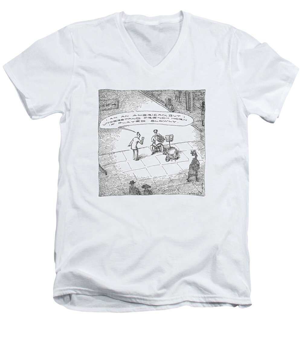 “i Am An American Men's V-Neck T-Shirt featuring the drawing I understand French horn if played slowly by John O'Brien