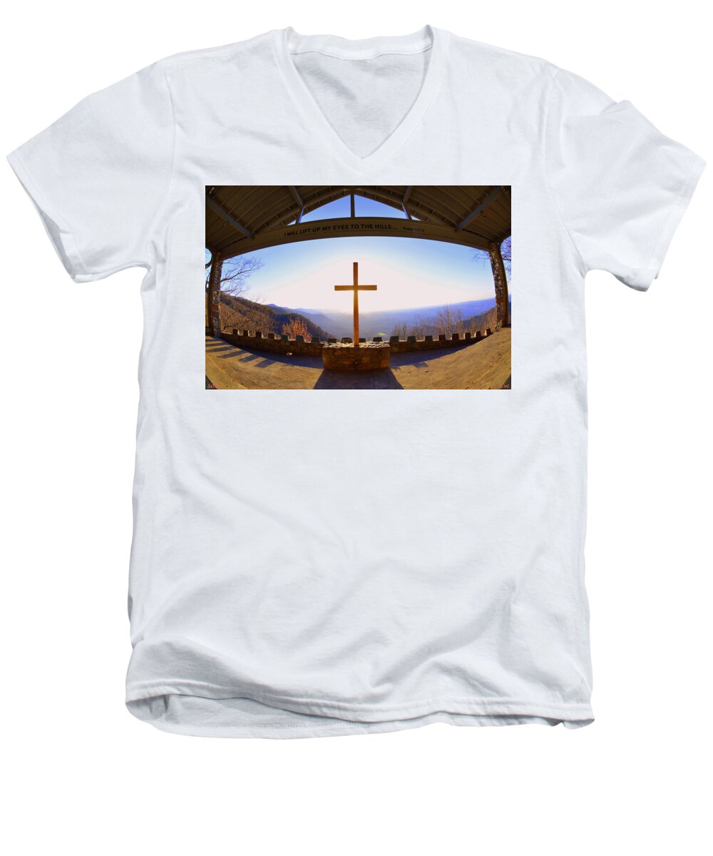I Will Lift My Eyes To The Hills Psalm 121 1 Men's V-Neck T-Shirt featuring the photograph I Will Lift My Eyes To The Hills Psalm 121 1 by Lisa Wooten