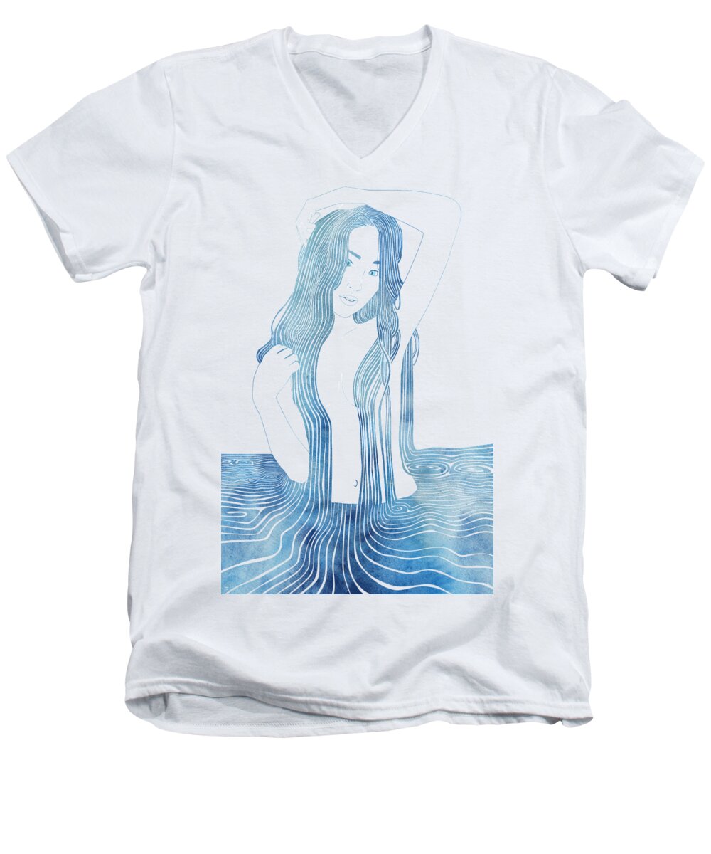 Aqua Men's V-Neck T-Shirt featuring the mixed media Ianeria by Stevyn Llewellyn