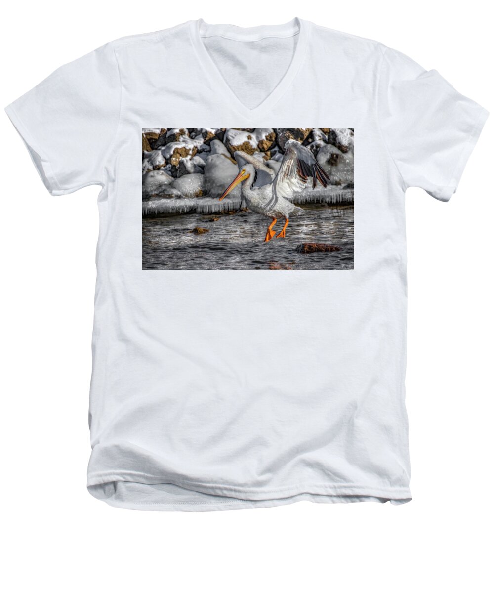 Pelican Men's V-Neck T-Shirt featuring the photograph Ice Jump by Ray Congrove