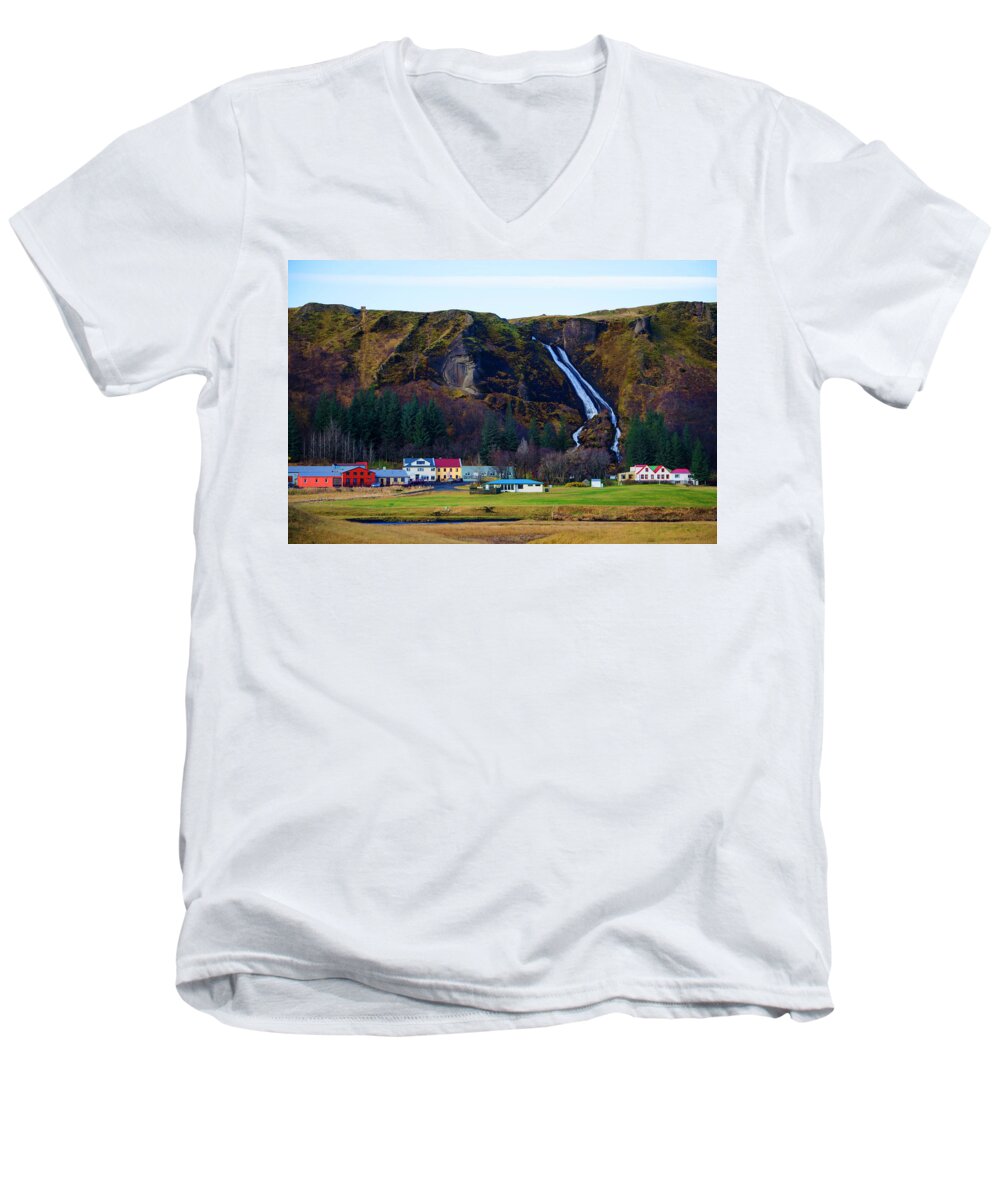 Iceland Men's V-Neck T-Shirt featuring the photograph Iceland Waterfall 2 by Deborah Smolinske