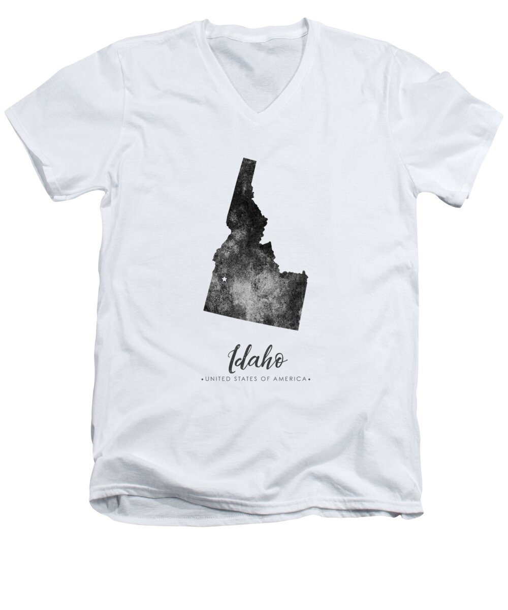 Idaho Men's V-Neck T-Shirt featuring the mixed media Idaho State Map Art - Grunge Silhouette by Studio Grafiikka