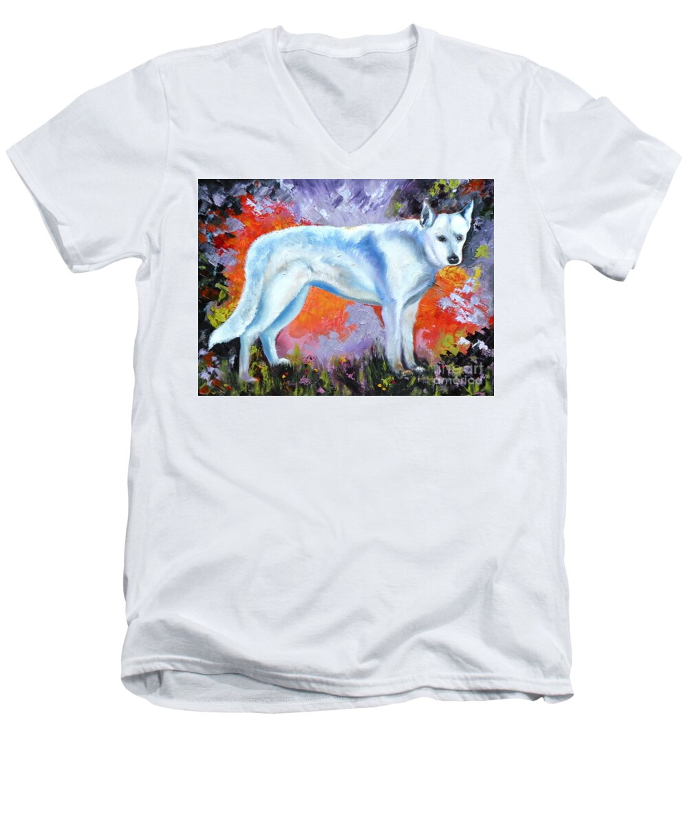 Dogs Men's V-Neck T-Shirt featuring the painting In Shepherd Heaven by Susan A Becker
