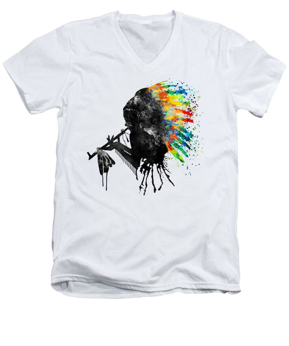 Indian Men's V-Neck T-Shirt featuring the painting Indian Silhouette with Colorful Headdress by Marian Voicu