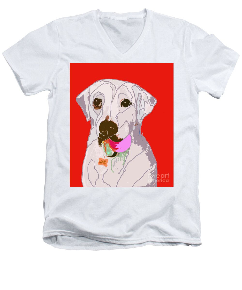 Labrador Men's V-Neck T-Shirt featuring the digital art Jax With Ball in red by Ania M Milo