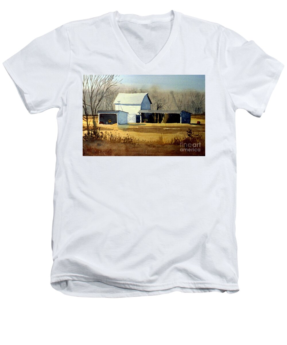 Watercolor Men's V-Neck T-Shirt featuring the painting Jersey Farm by Donald Maier