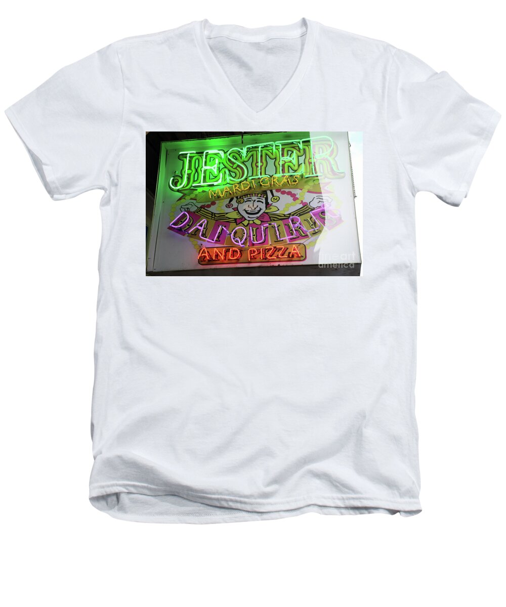 New Orleans Men's V-Neck T-Shirt featuring the photograph Jester Mardi Gras sign by Steven Spak