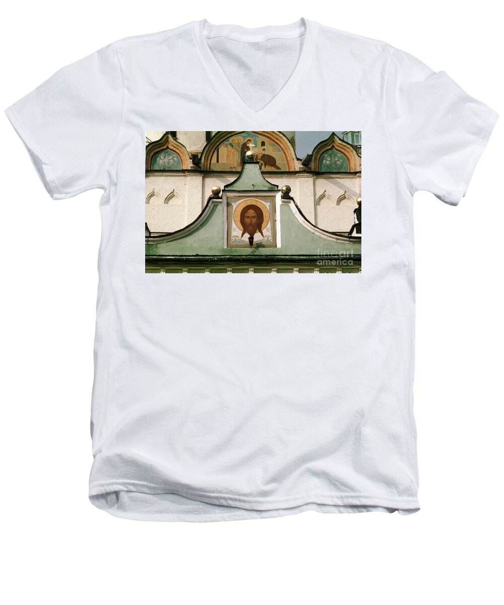 Trinity Lavra Of St. Sergius Men's V-Neck T-Shirt featuring the photograph Jesus Icon Trinity Lavra of St. Sergius Monastery in Sergiev Posad by Wernher Krutein