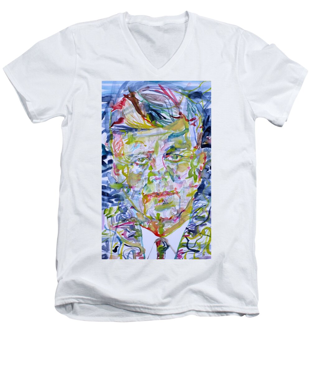 Kennedy Men's V-Neck T-Shirt featuring the painting JOHN F. KENNEDY - watercolor portrait.2 by Fabrizio Cassetta