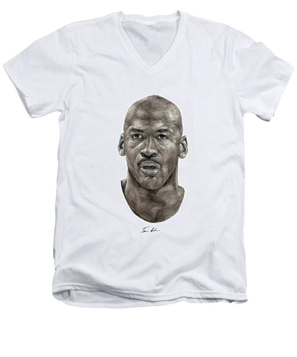 Michael Jordan Men's V-Neck T-Shirt featuring the painting Jordan by Tamir Barkan