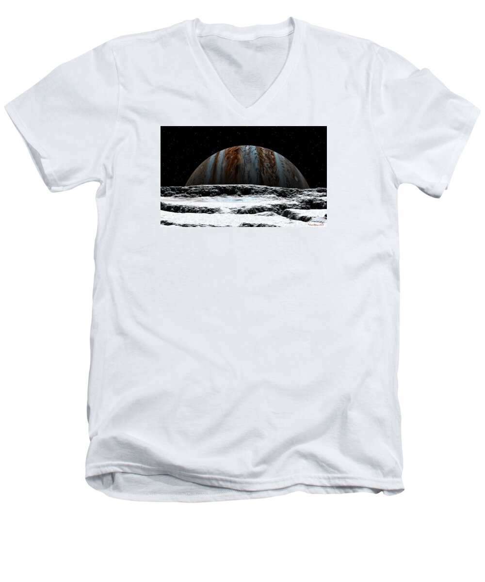 Spaceship Men's V-Neck T-Shirt featuring the digital art Jupiter rise at Europa by David Robinson