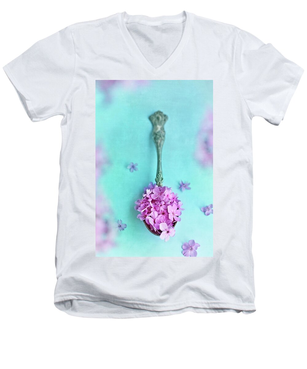 Sweet William Men's V-Neck T-Shirt featuring the photograph Just a Spoonful of Petals by Stephanie Frey