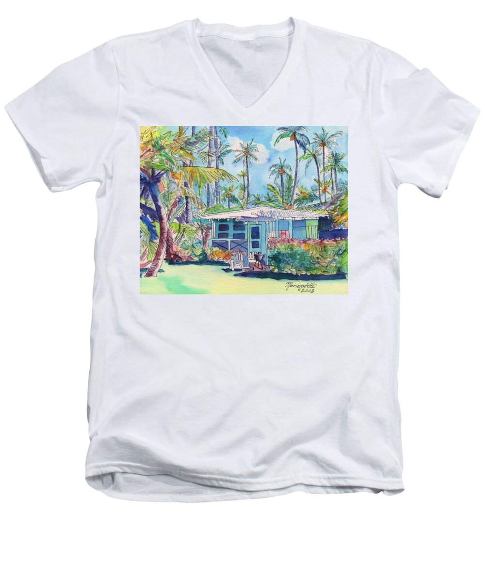 Plantation Cottage Men's V-Neck T-Shirt featuring the painting Kauai Blue Cottage 2 by Marionette Taboniar