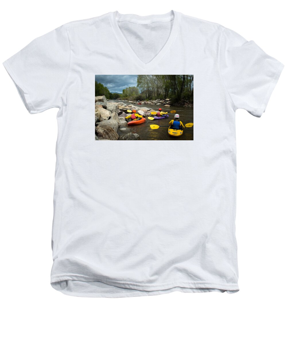 Kayaking Men's V-Neck T-Shirt featuring the photograph Kayaking class by Stephen Holst