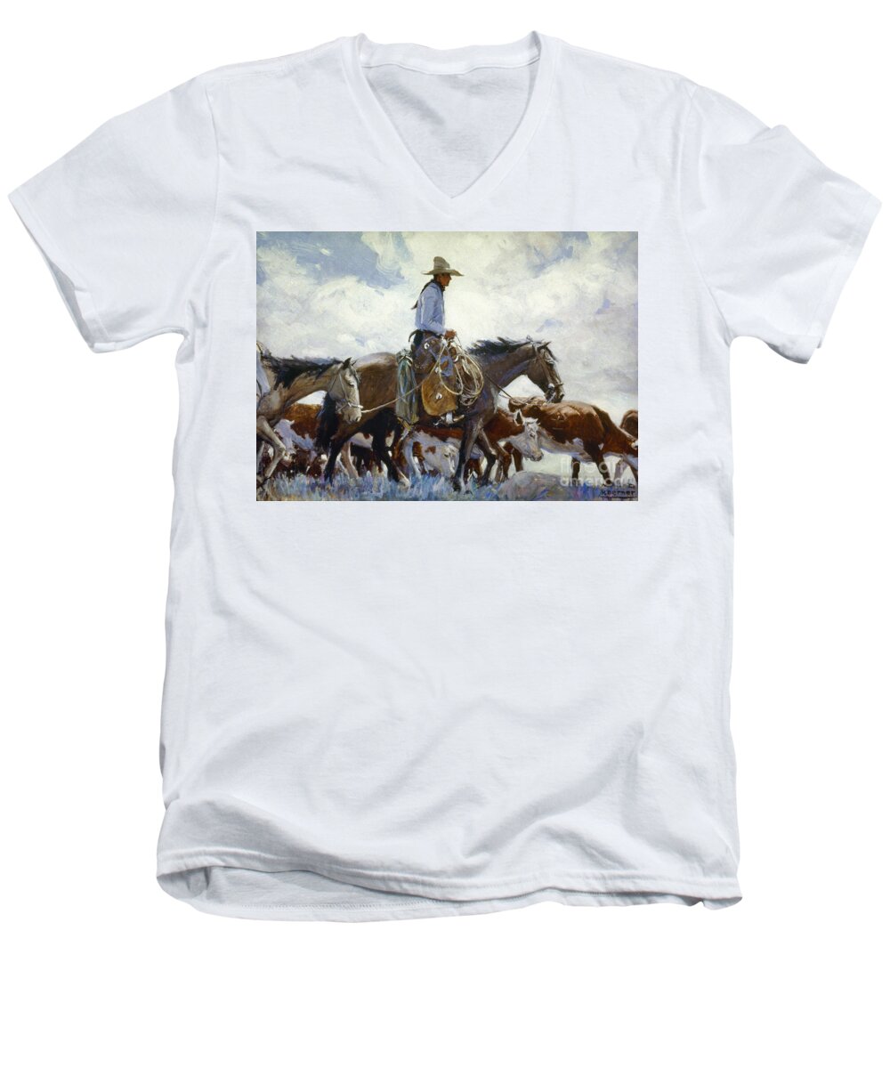 1920 Men's V-Neck T-Shirt featuring the painting Stray Man Heads Home, 1920 by W H D Koener