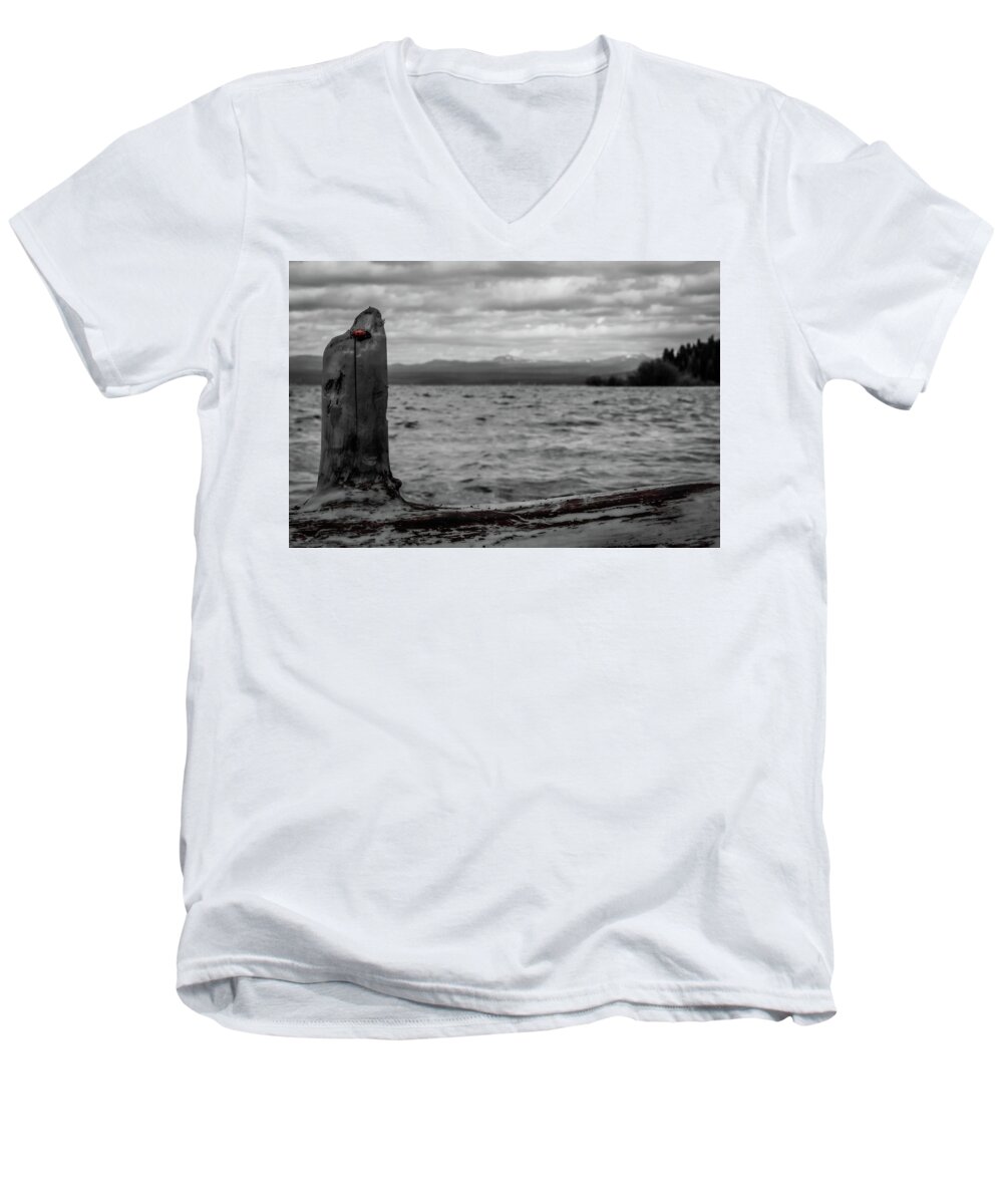 Lake Almanor Men's V-Neck T-Shirt featuring the photograph Lady in Red by Marnie Patchett