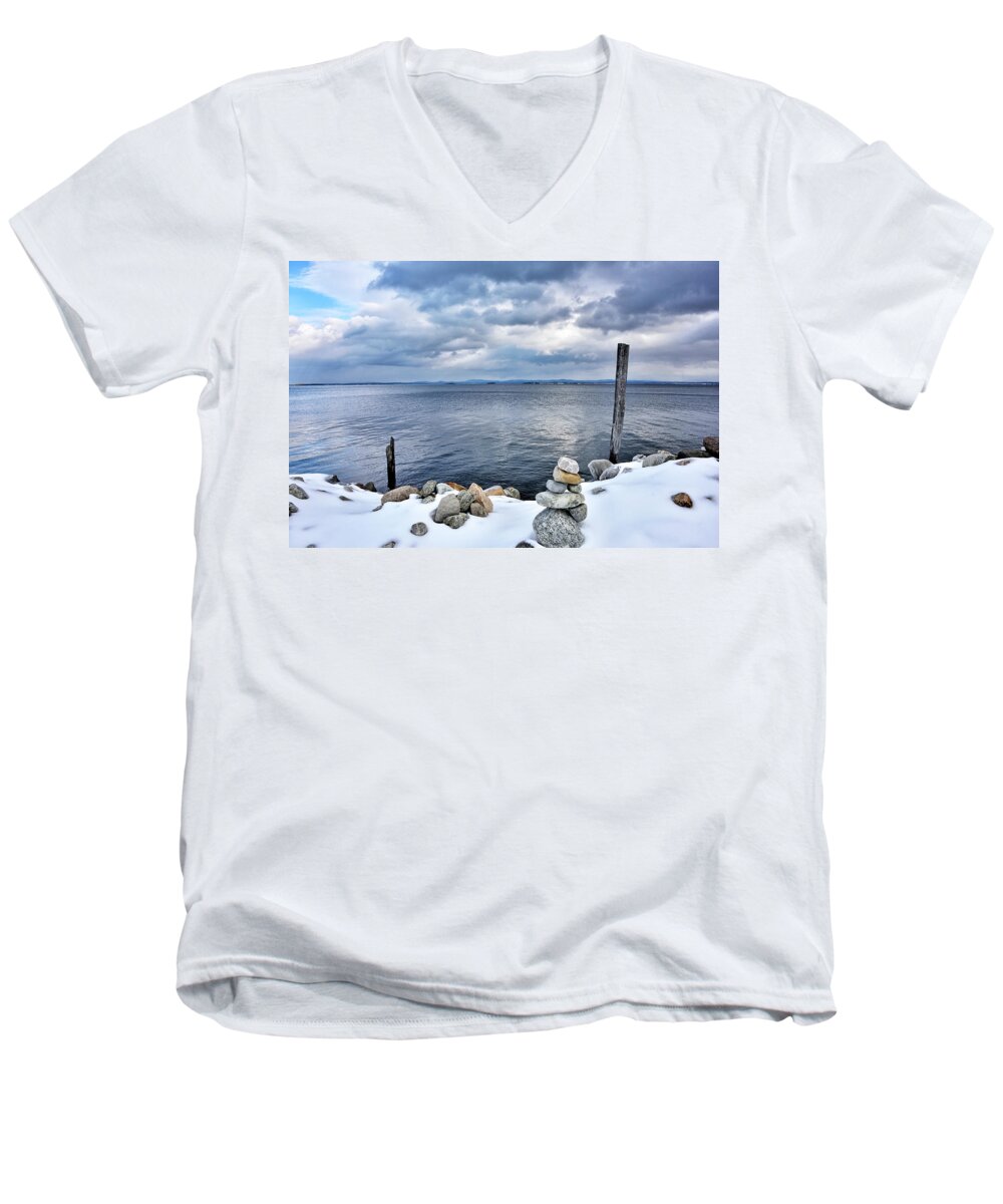 lake Champlain Men's V-Neck T-Shirt featuring the photograph Lake Champlain during WInter by Brendan Reals