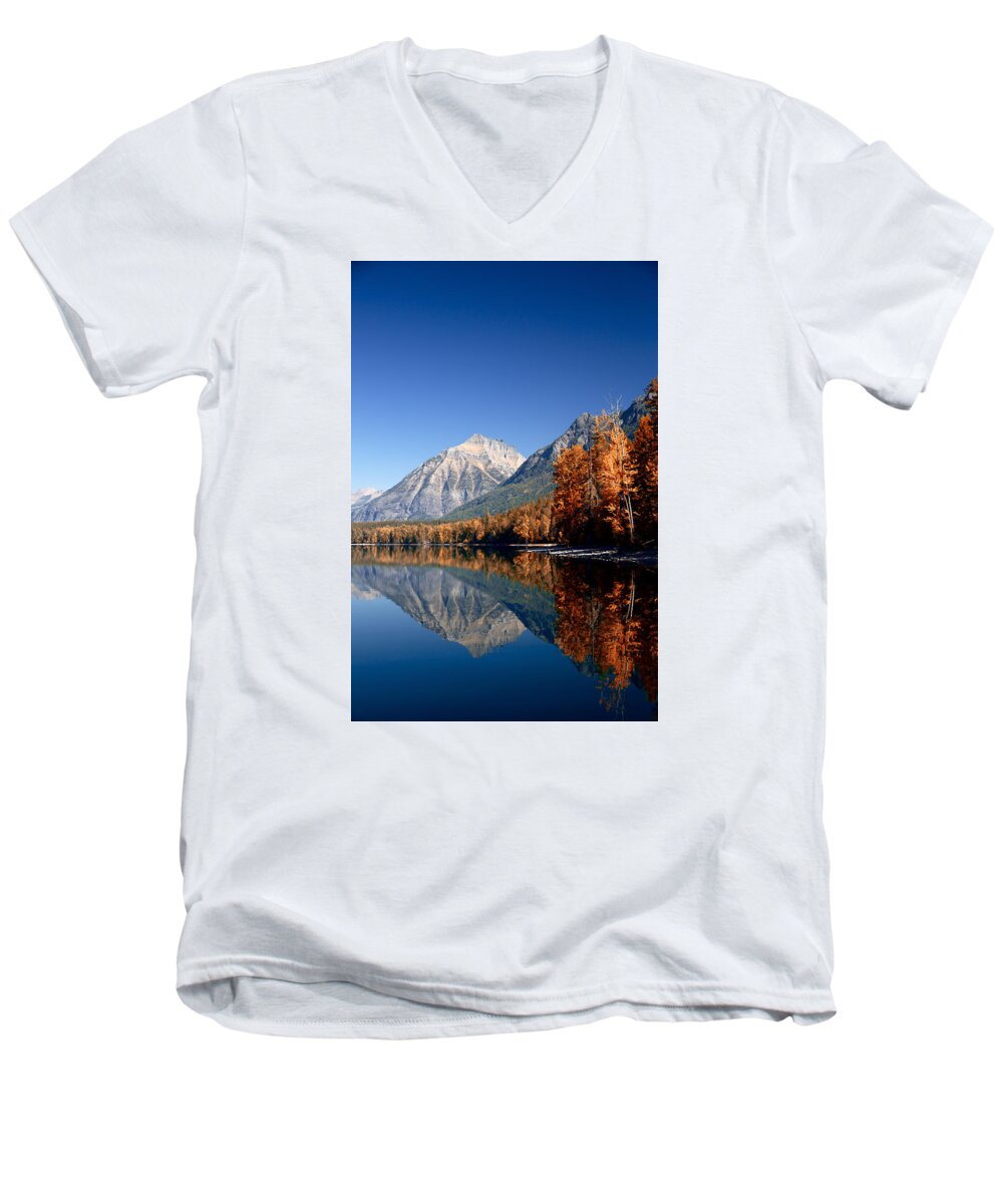 Lawrence Men's V-Neck T-Shirt featuring the photograph Lake McDonald Autumn by Lawrence Boothby