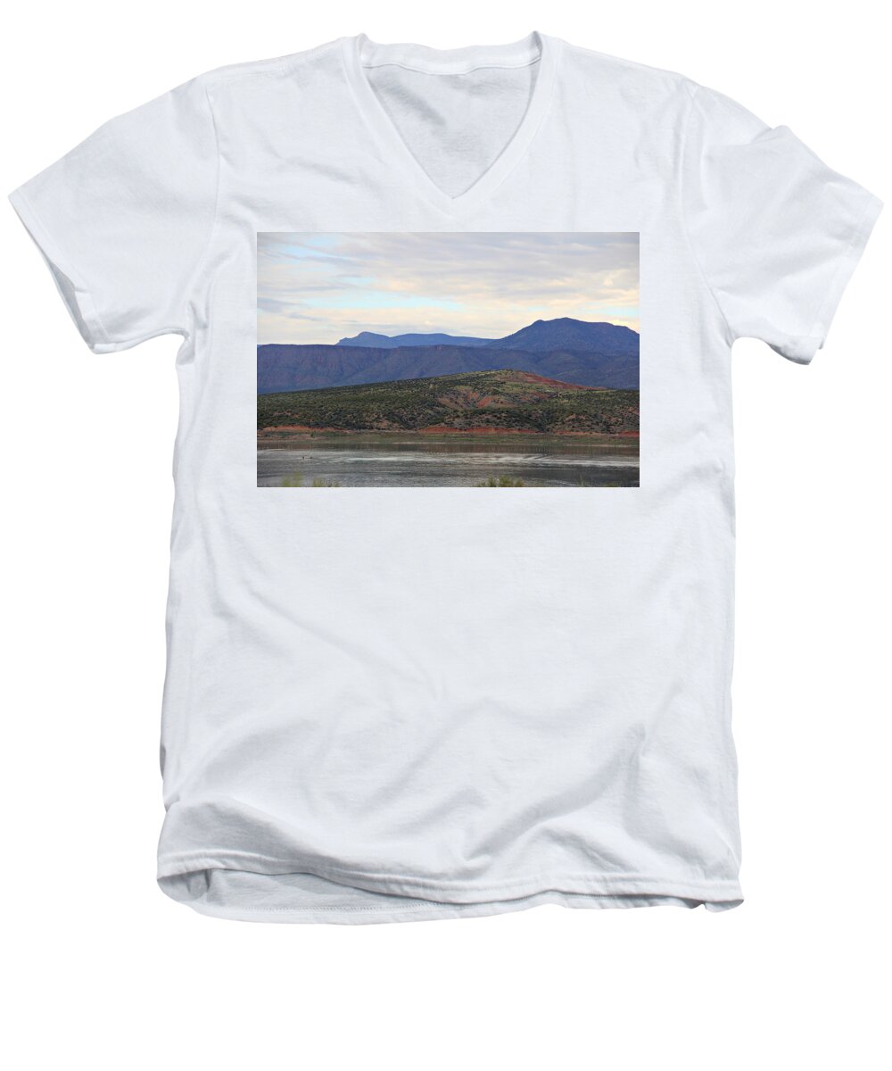 Landscape Men's V-Neck T-Shirt featuring the painting Lake Roosevelt 1 by Matalyn Gardner