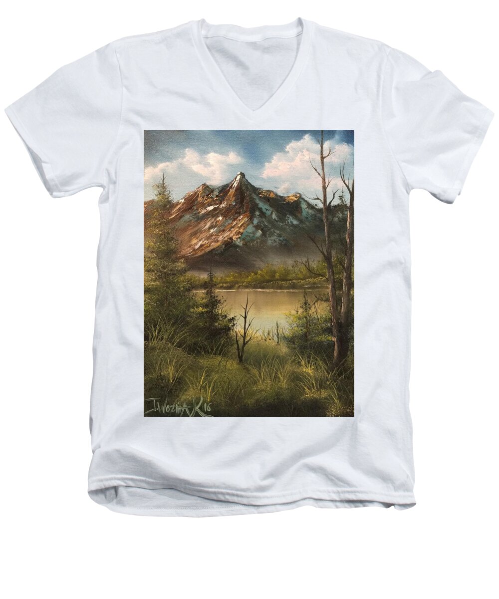 Mountain Lake Sky Trees Cloudy Sky Distant Trees Landscape Nature Men's V-Neck T-Shirt featuring the painting Lake view mountain by Justin Wozniak