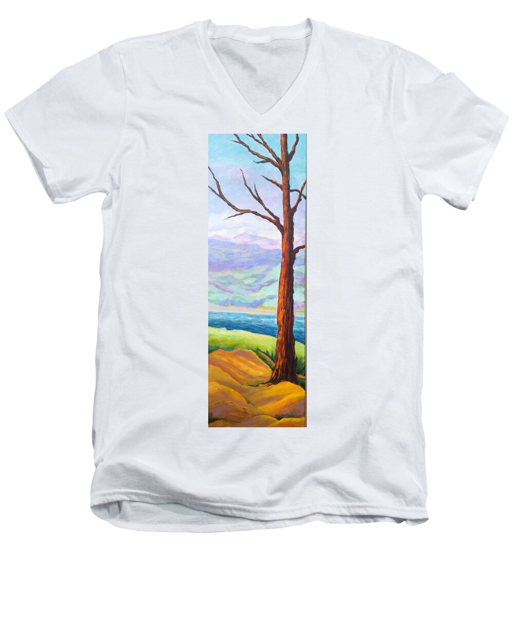 Landscape Men's V-Neck T-Shirt featuring the painting Last Tree Standing by Rosie Sherman