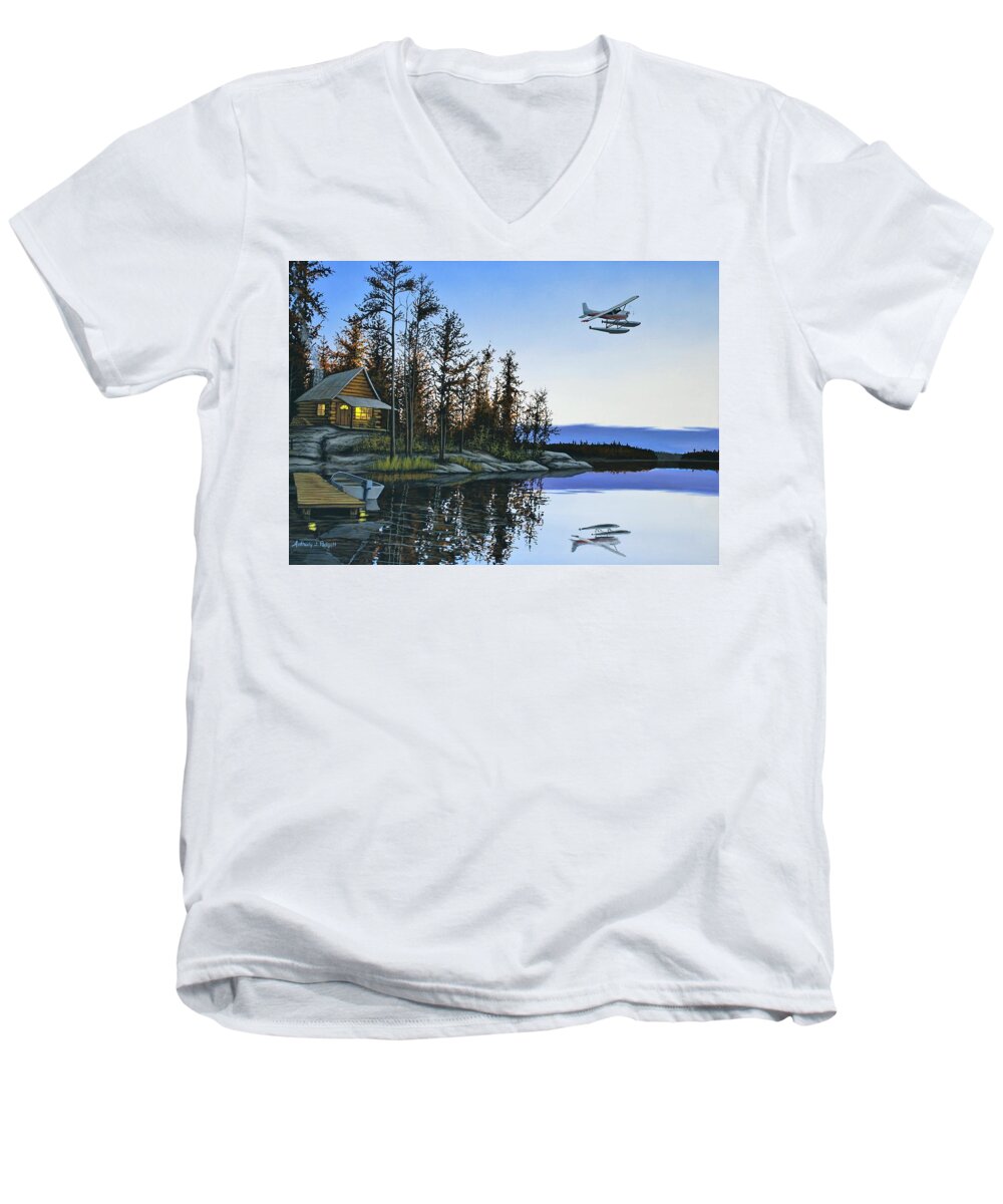 Plane Men's V-Neck T-Shirt featuring the painting Late Arrival by Anthony J Padgett