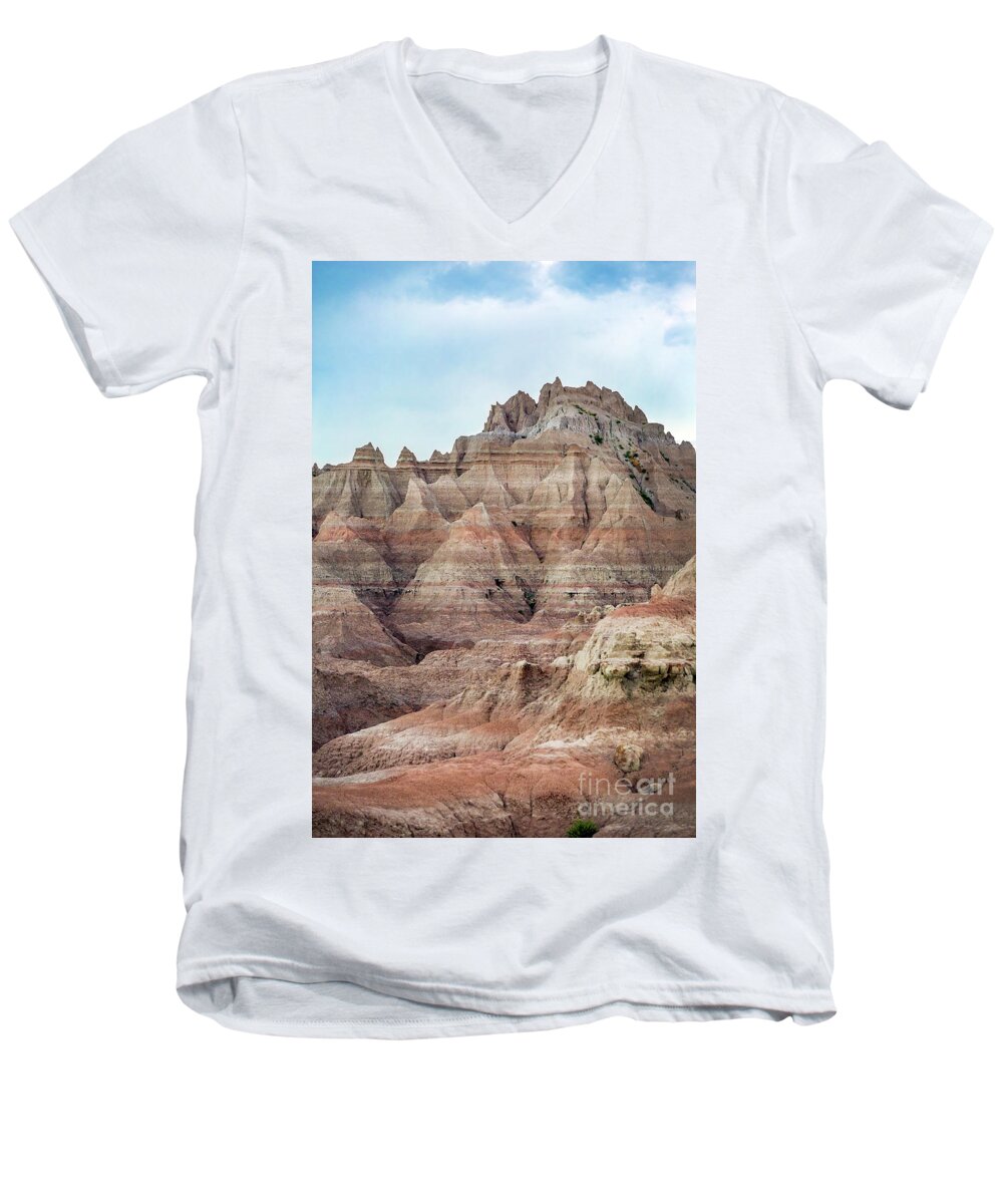 Badlands Men's V-Neck T-Shirt featuring the photograph Layer Upon Layer by Karen Jorstad