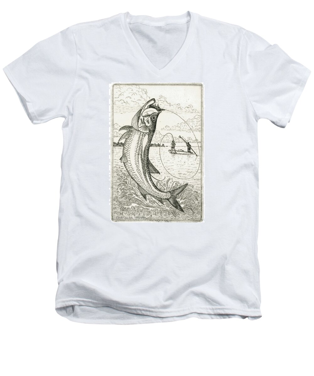 Charles Harden Men's V-Neck T-Shirt featuring the drawing Leaping Tarpon by Charles Harden