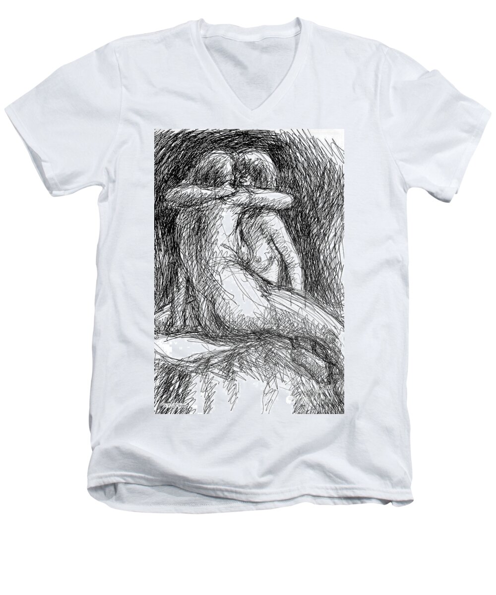 Lesbian Men's V-Neck T-Shirt featuring the drawing Lesbian Sketches 1 by Gordon Punt