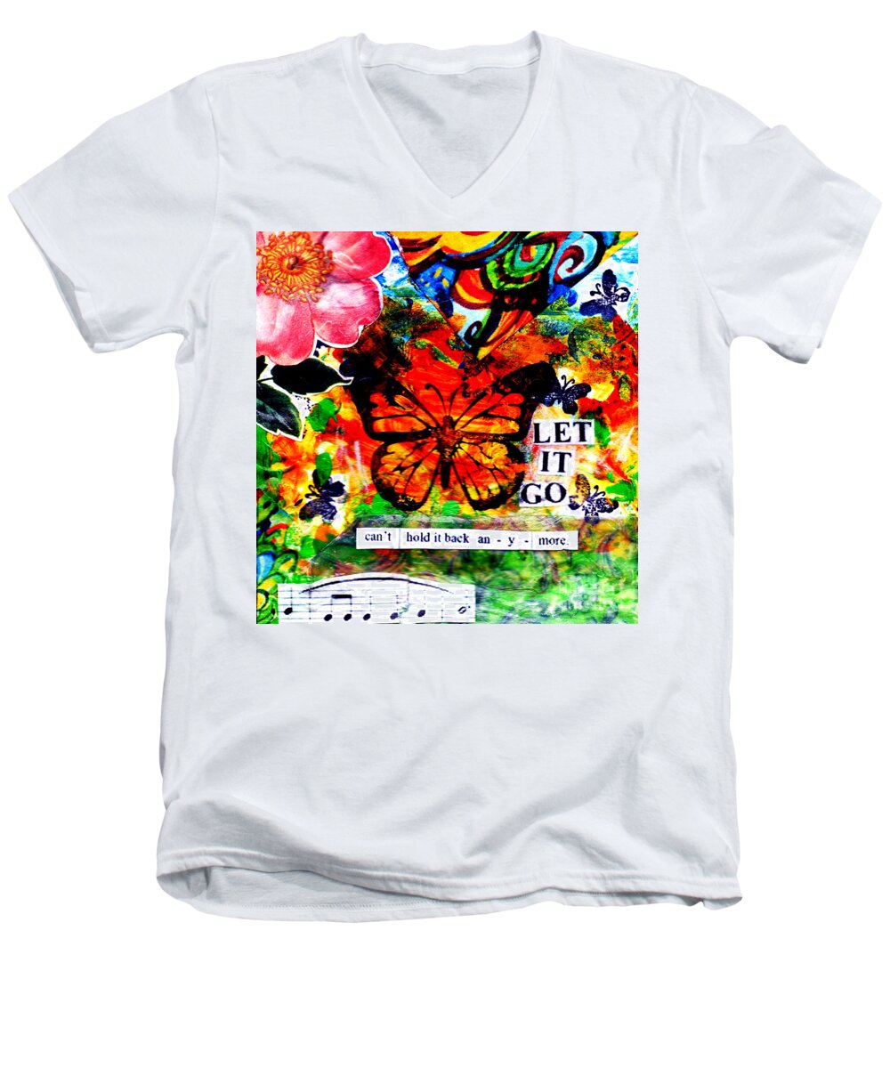 Monarch Men's V-Neck T-Shirt featuring the mixed media Let It Go by Genevieve Esson