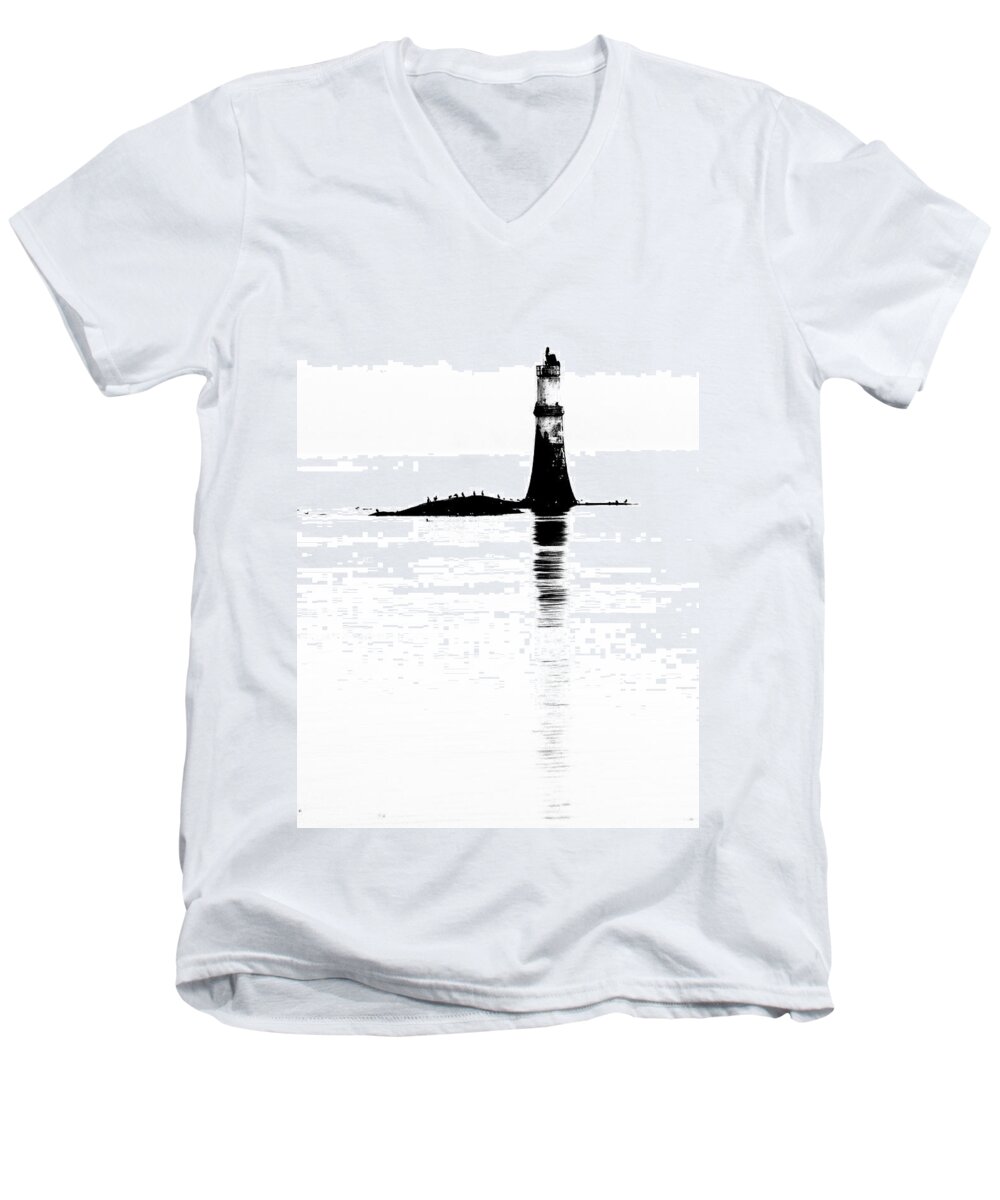 Lighthouse Monochrome Water Scotland Ocean Reflection Mist Haar Fog Rain Men's V-Neck T-Shirt featuring the photograph Lighthouse by Ian Sanders