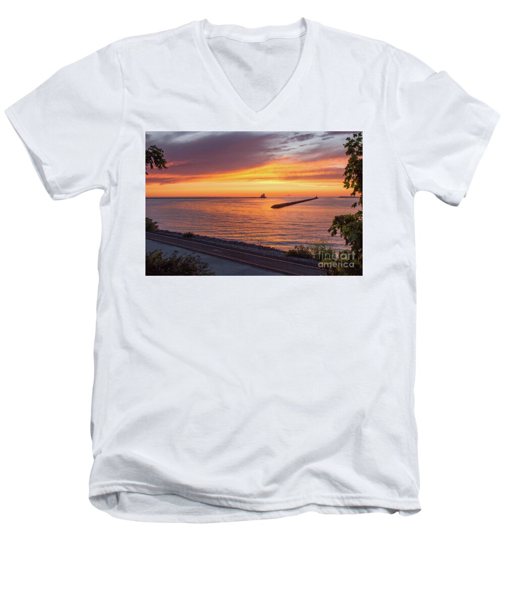 Lighthouse Men's V-Neck T-Shirt featuring the photograph Lighthouse Sunset by Rod Best