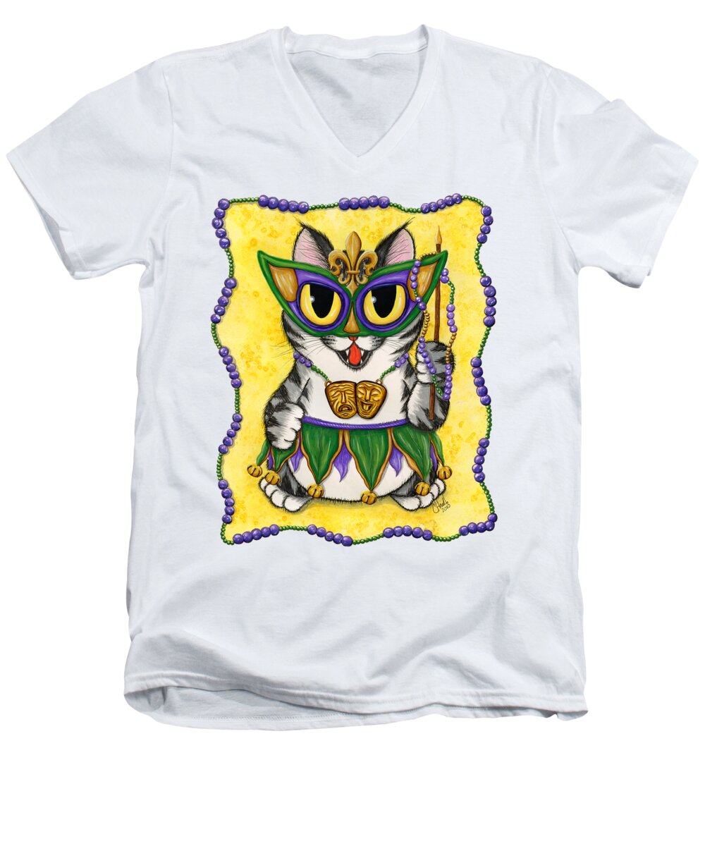 Mardi Gras Cat Men's V-Neck T-Shirt featuring the painting Lil Mardi Gras Cat by Carrie Hawks