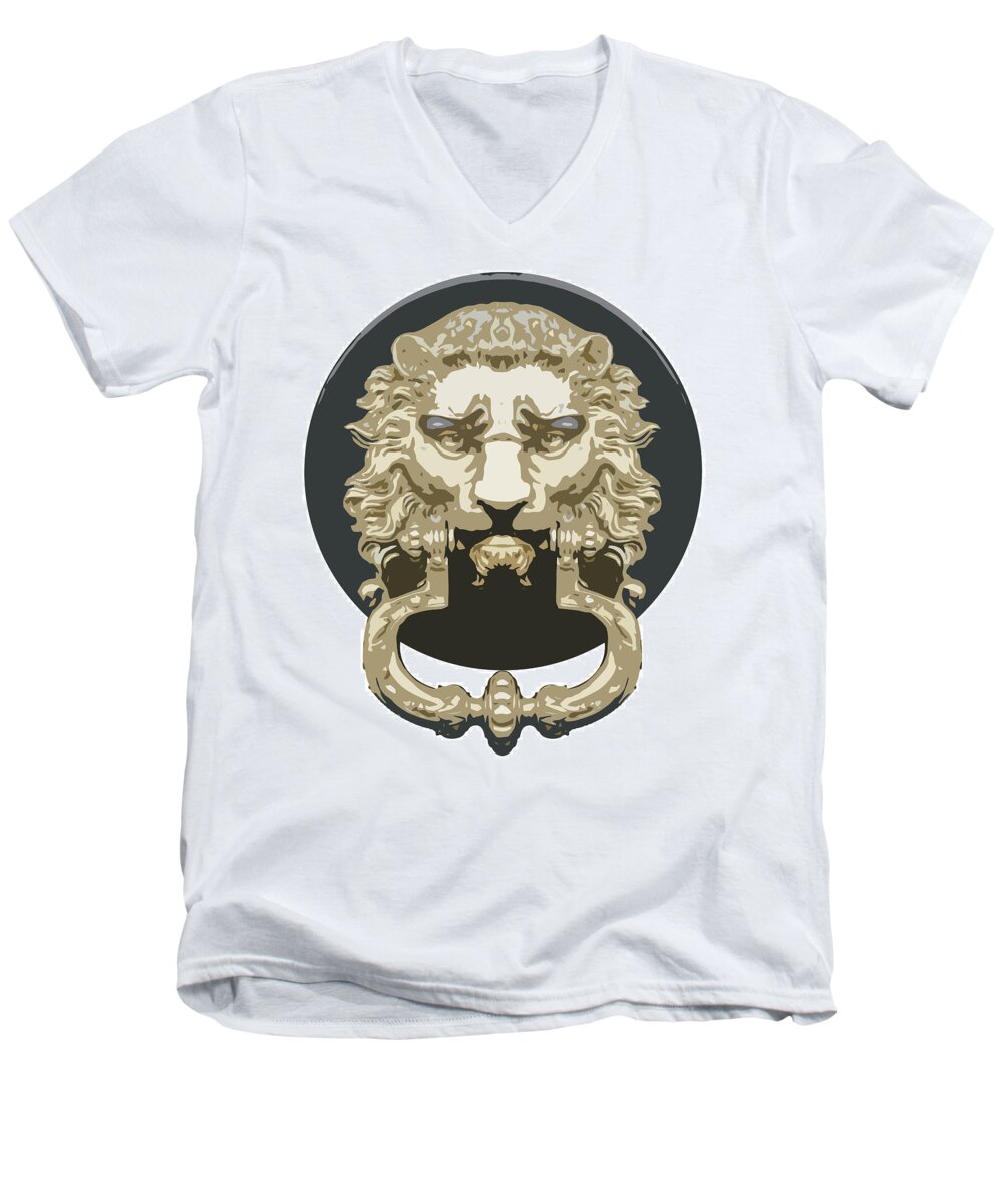 Digital Art Men's V-Neck T-Shirt featuring the drawing Lion Knocker by Greg Joens