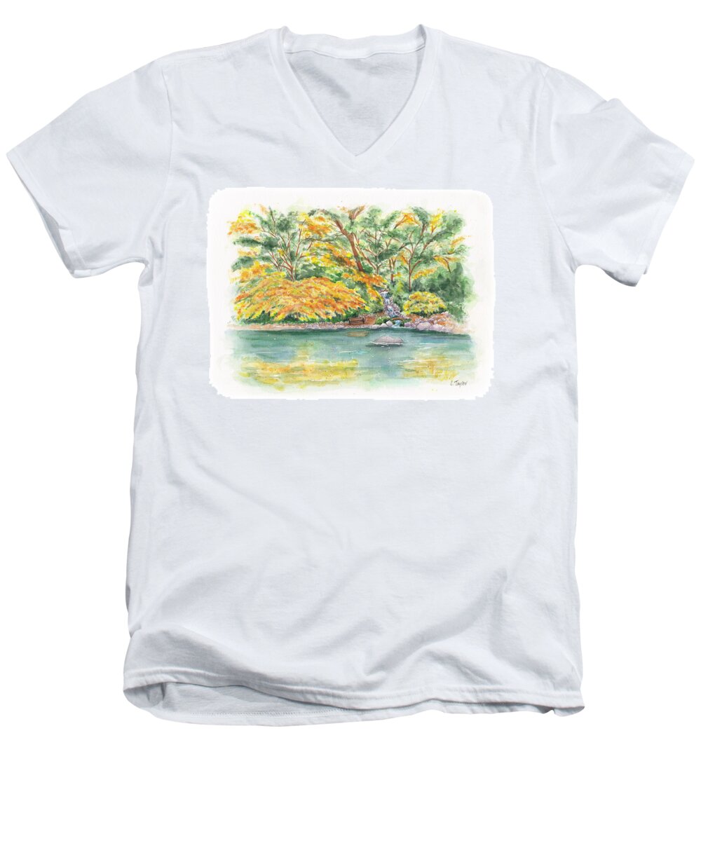 Lithia Park Men's V-Neck T-Shirt featuring the painting Lithia Park Reflections by Lori Taylor