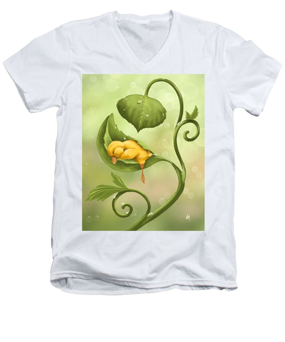 Duck Men's V-Neck T-Shirt featuring the painting Little duck by Veronica Minozzi