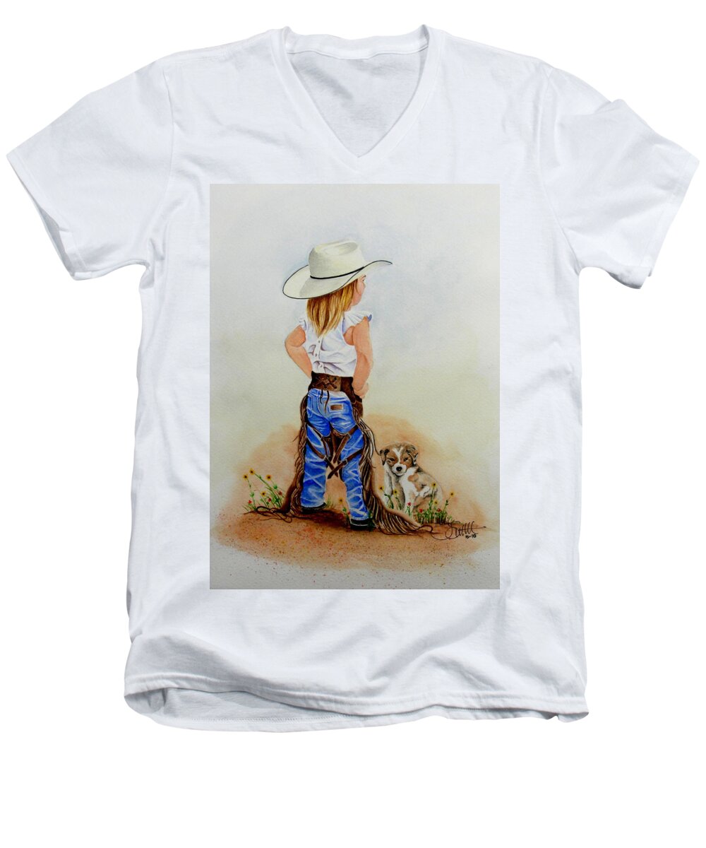 Western Men's V-Neck T-Shirt featuring the painting Little Miss Big Britches by Jimmy Smith