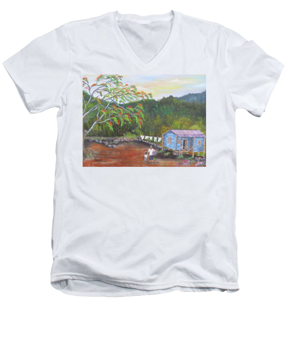 Flamboyant Men's V-Neck T-Shirt featuring the painting Little Paradise by Gloria E Barreto-Rodriguez